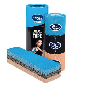 MyCureTape Sports Precut - 3 rollen met 12 stroken van 25 cm - Blauw, zwart en beige